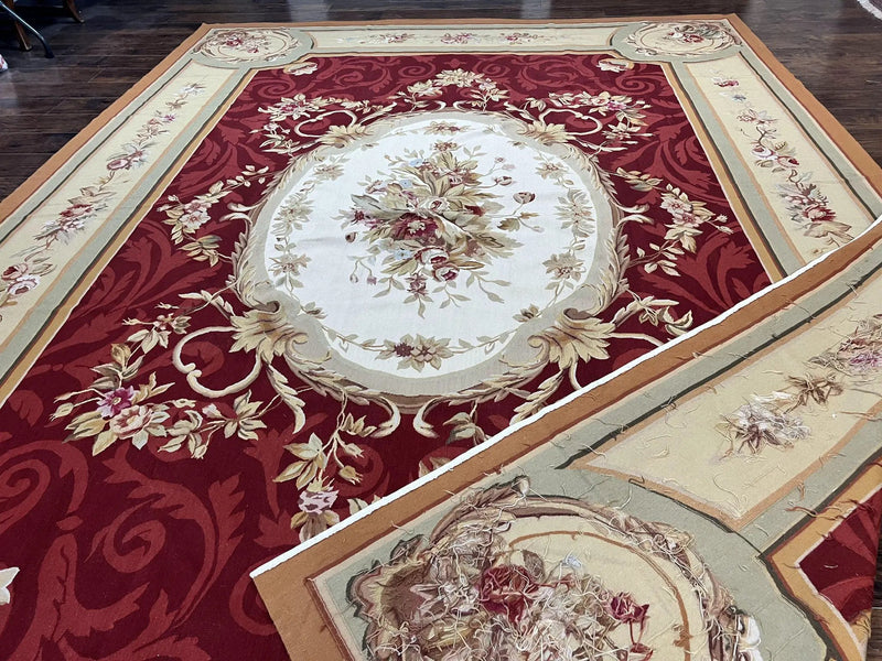 Large Aubusson Rug 10x14, Wool Handmade Vintage Carpet, Dark Red Ivory Tan, French European Elegant Aubusson Weave Rug by Jewel Rugs