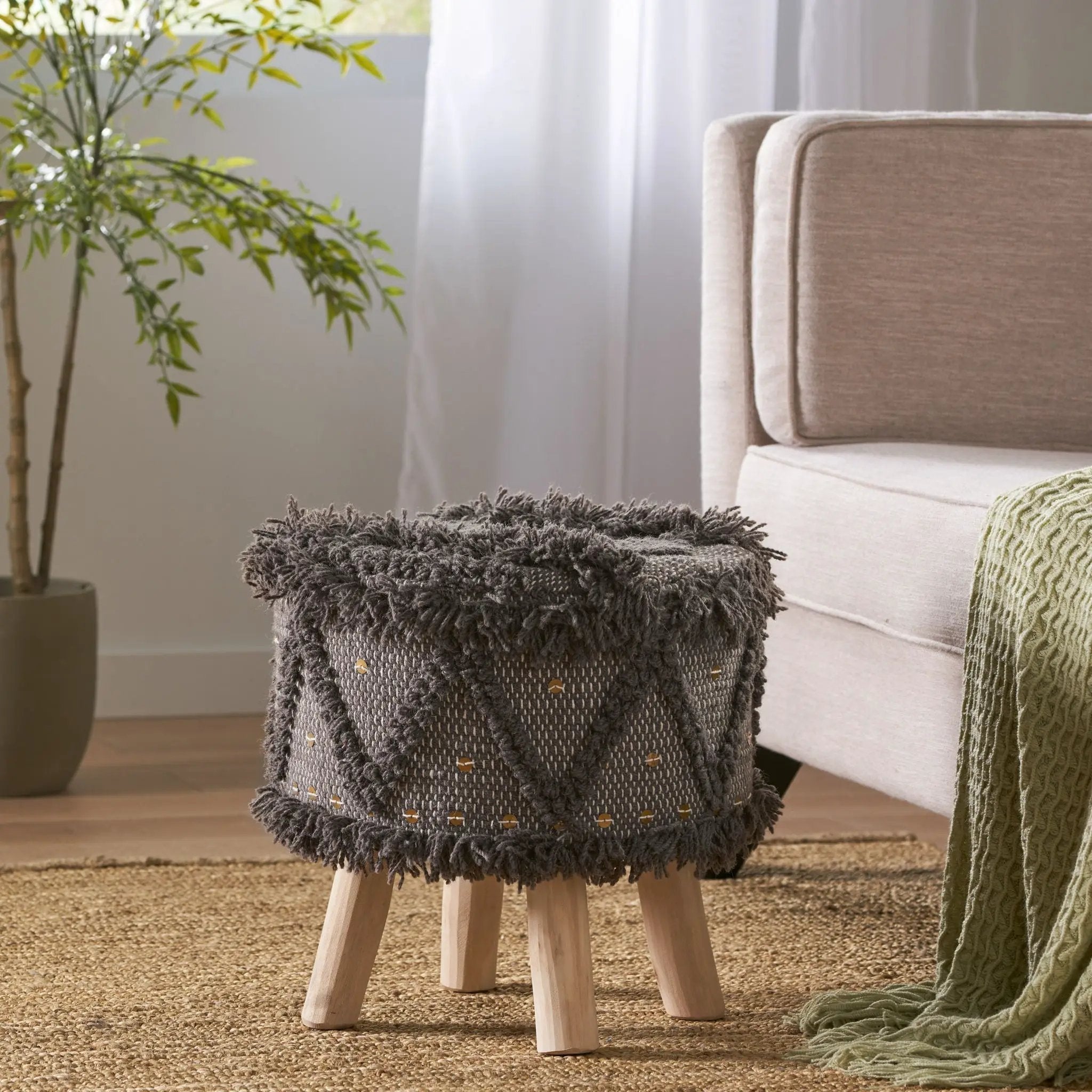 Roja Handcrafted Wool & Cotton Foot Stool with Eucalyptus Wood Frame - Dark Brown by HouseOfZazla