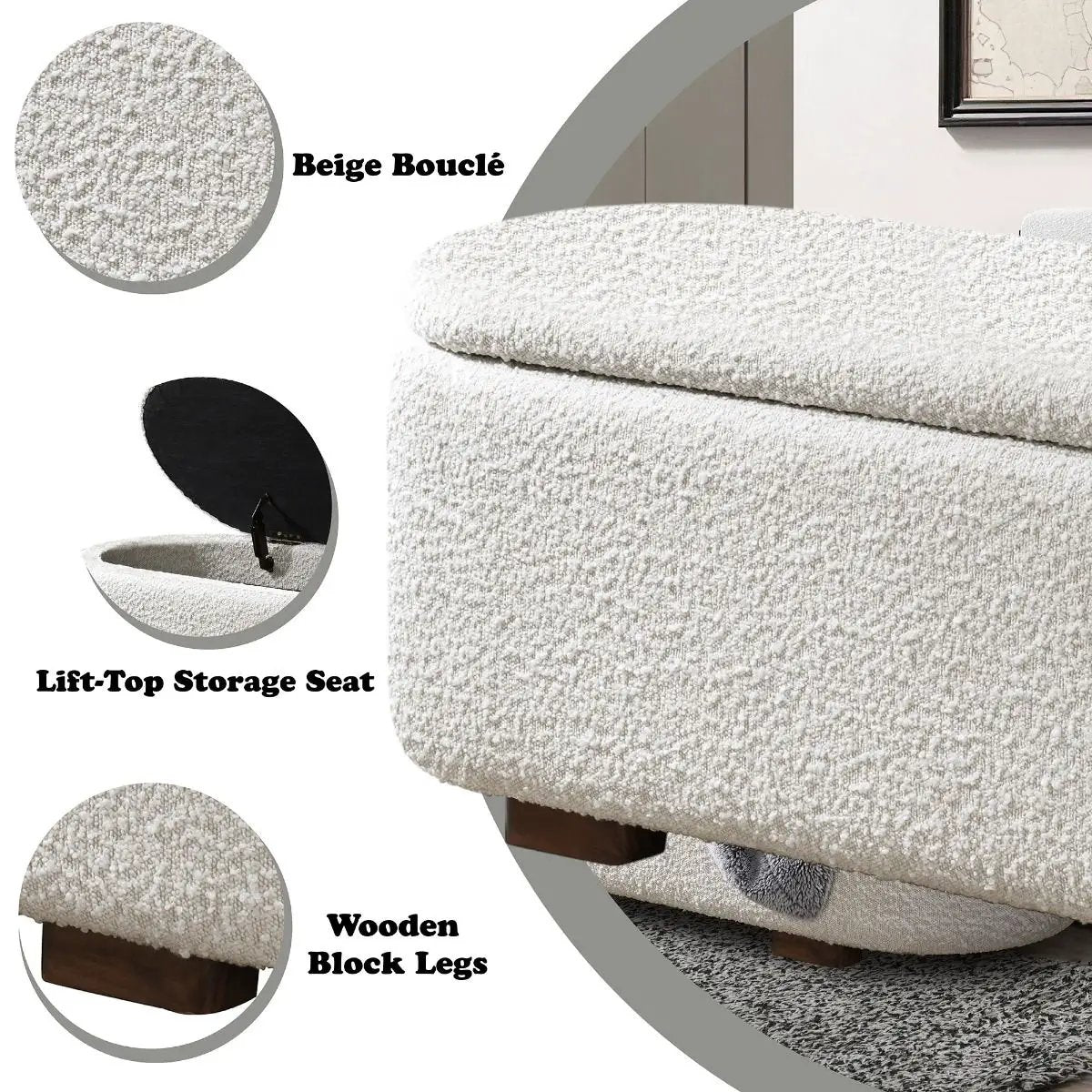 Sandro - Bench With Storage - Beige Boucle & Walnut by Unique Piece Furniture