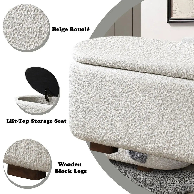 Sandro - Bench With Storage - Beige Boucle & Walnut by Unique Piece Furniture