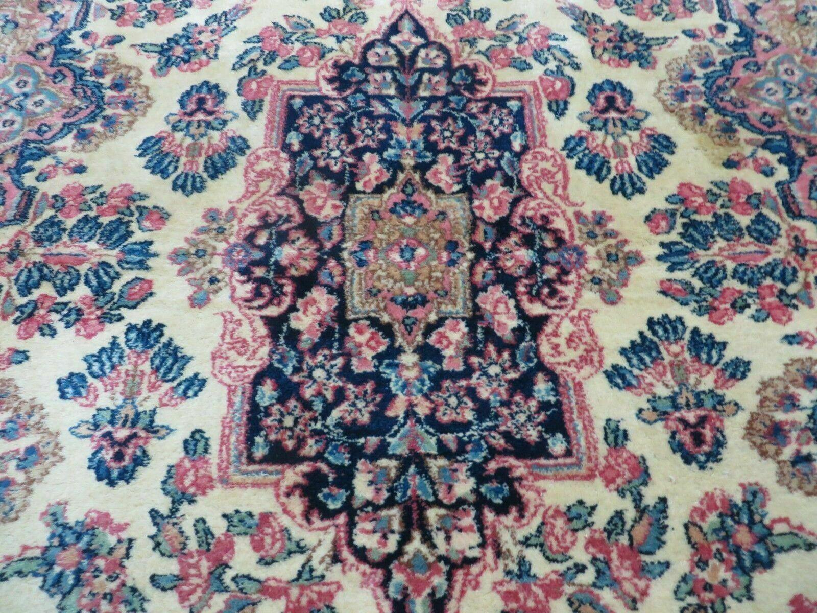 Antique Persian Kirman Rug 3.9 x 6.6, Floral Oriental Carpet, Ivory/Cream - Blue - Pink, Hand Knotted Wool Rug, Floral Medallion Rug 4x6 by Jewel Rugs