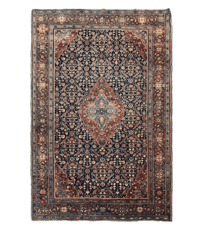 Persian Rug 4x7 Antique Sarouk Farahan Carpet, Navy Blue and Red Wool Rug by Jewel Rugs