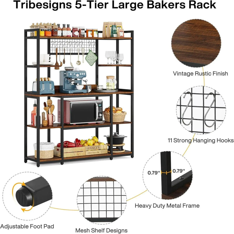 Baker's Rack With Hutch, 5 Tier Kitchen Storage Shelf, Freestanding Utility Pantry Organizer With Hooks And Microwave Stand - Black by HouseOfZazla
