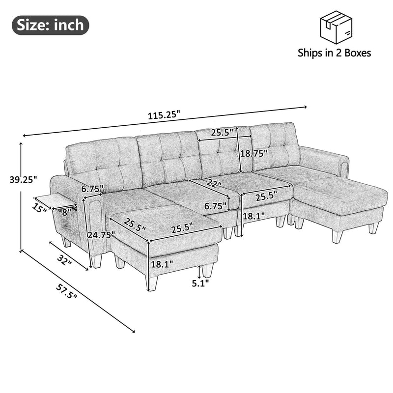 Modular Sectional Sofa With Movable Ottomans, USB Ports & Side Tables by HouseOfZazla