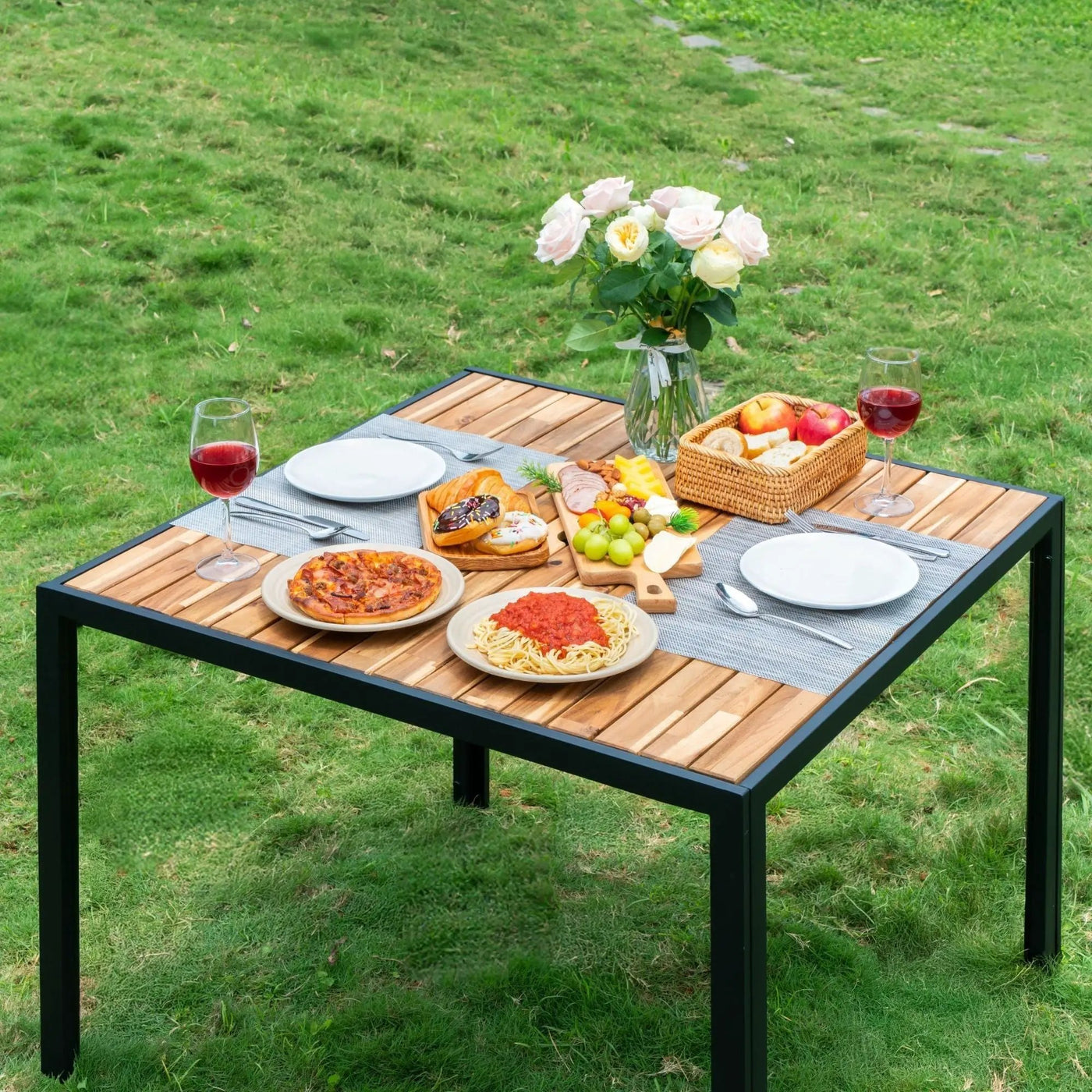 5 Piece Patio Dining Table Set, Acacia Wood Table Top With Umbrella Hole by HouseOfZazla