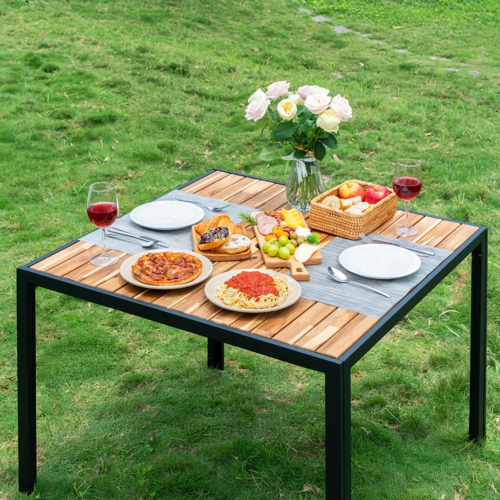 5 Piece Patio Dining Table Set, Acacia Wood Table Top With Umbrella Hole by HouseOfZazla
