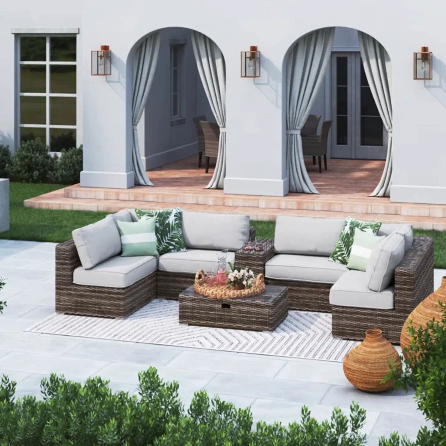 Elegant 4 Person Wicker Patio Seating Set With Cushions And Glass Top Table by HouseOfZazla