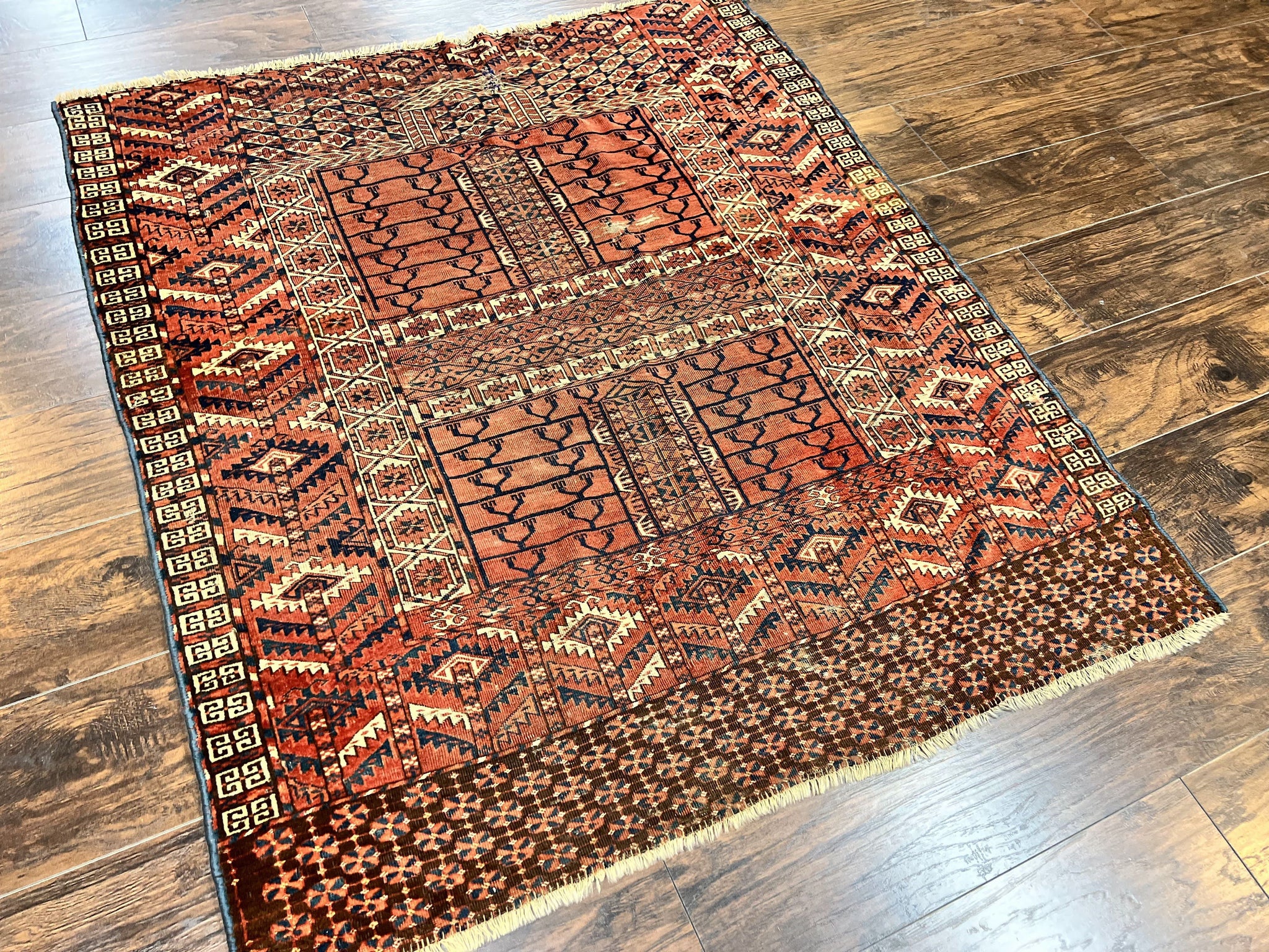 Antique Turkoman Rug 4x4, Hatchli Square Carpet, Wool Handmade Four Season Yamud Design Rug, Red Bohemian Tribal Rug, Engsi Tekkeh Rug by Jewel Rugs