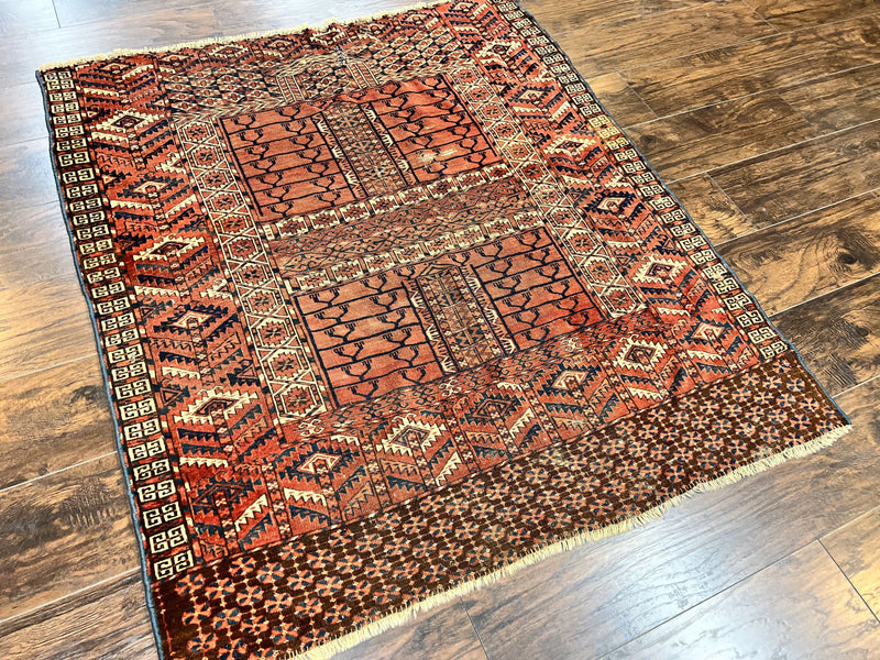 Antique Turkoman Rug 4x4, Hatchli Square Carpet, Wool Handmade Four Season Yamud Design Rug, Red Bohemian Tribal Rug, Engsi Tekkeh Rug by Jewel Rugs