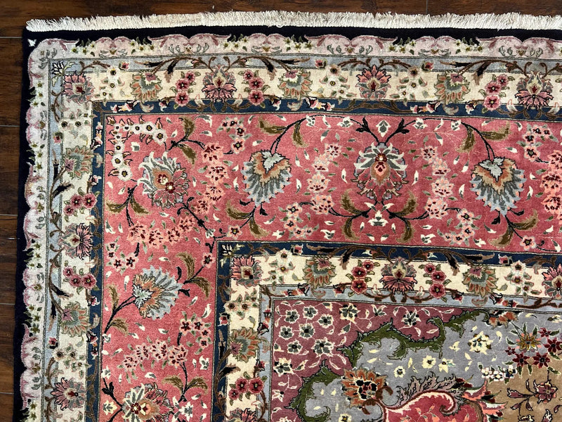 Magnificent Persian Tabriz Rug 11x16, Oversized Persian Carpet 11 x 16 ft, Wool on Silk Finely Hand Knotted, 450 KPSI, Floral Medallion, Black Pink by Jewel Rugs
