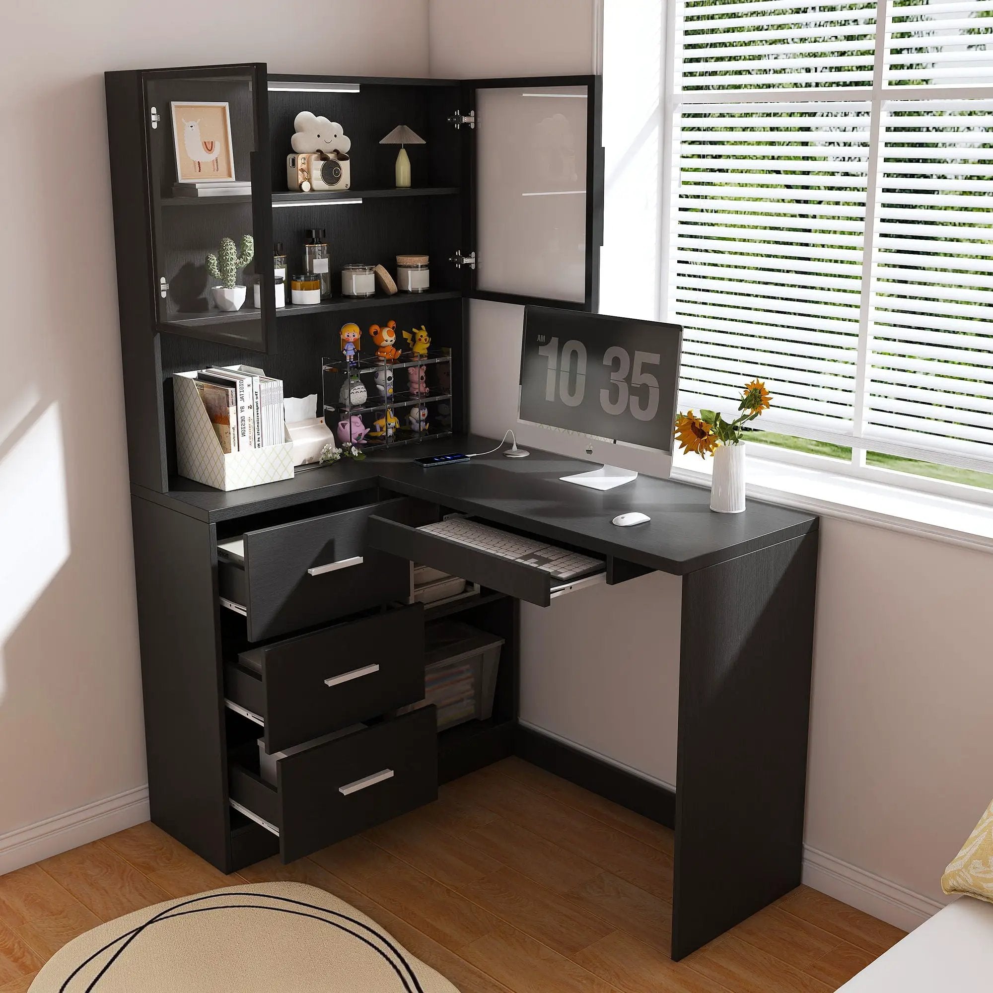 L-Shaped Computer Desk With Glass Cabinets, Built In LED Lights, USB Charging Ports by Unique Piece Furniture