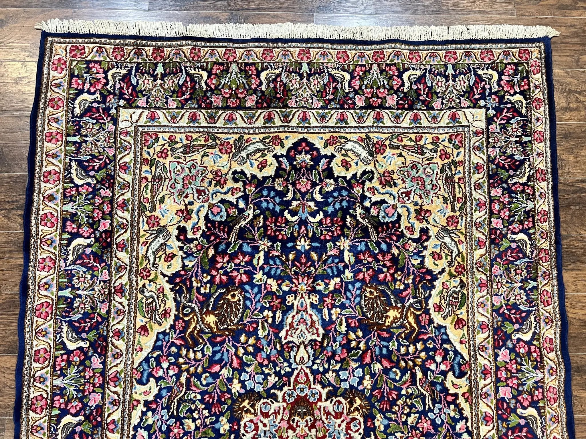Persian Kirman Rug 6x9, Floral Medallion Vintage Wool Handmade Carpet 6 x 9, Animal Pictorials Birds, Semi Antique, Navy Blue, Millefleur by Jewel Rugs