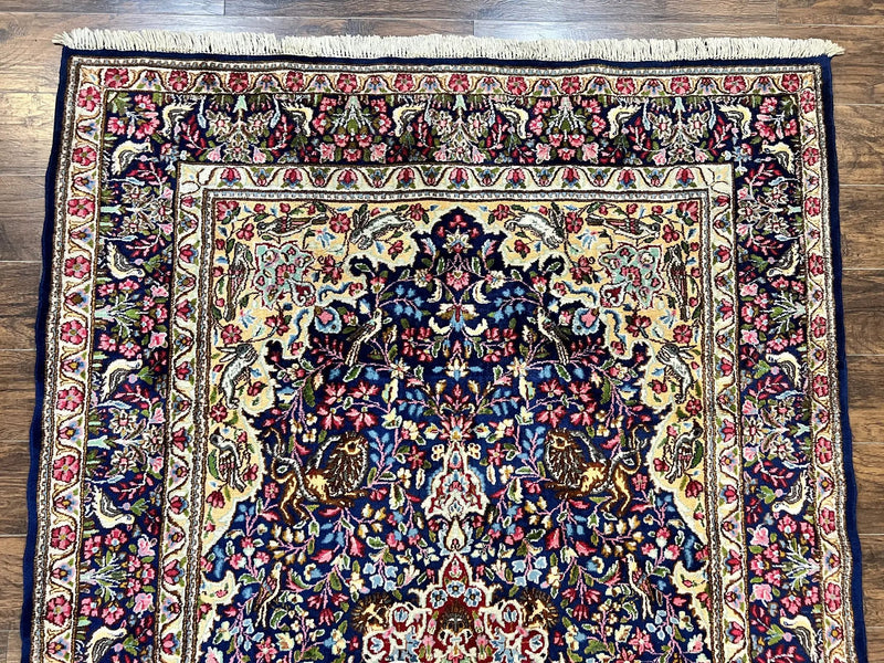 Persian Kirman Rug 6x9, Floral Medallion Vintage Wool Handmade Carpet 6 x 9, Animal Pictorials Birds, Semi Antique, Navy Blue, Millefleur by Jewel Rugs