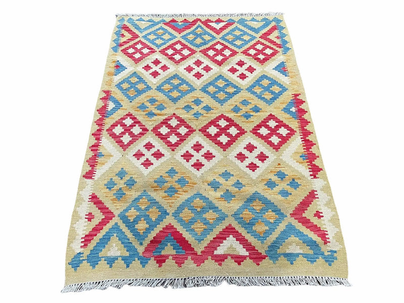 3x5 Kilim Rug Multicolor Tribal Kilim Rug 3 x 5 Tan Light Blue Red Beige New Turkish Anatolian Wool Kilim Flatweave Rug by Jewel Rugs