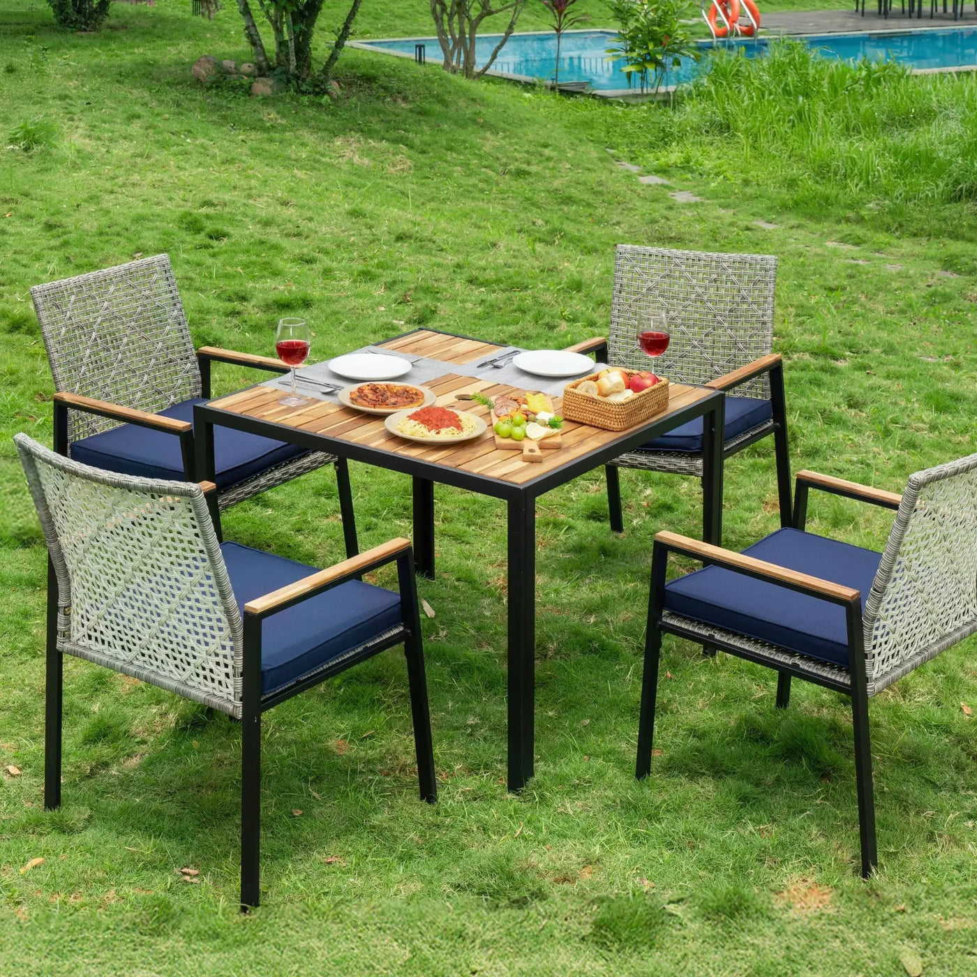 5 Piece Patio Dining Table Set, Acacia Wood Table Top With Umbrella Hole by HouseOfZazla