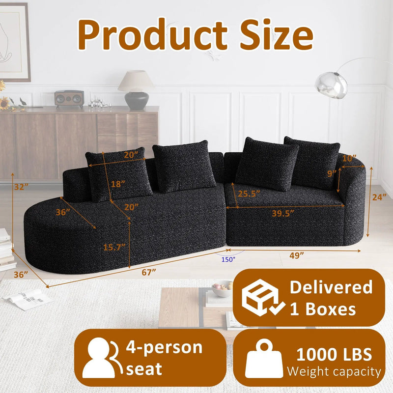 Upholstered Oversized Sectional Sofa, 4 Seater Extra Deep & Wide Seat Curved Cloud Couch With 4 Throw Pillows, Free Combination Living Room - Black by HouseOfZazla