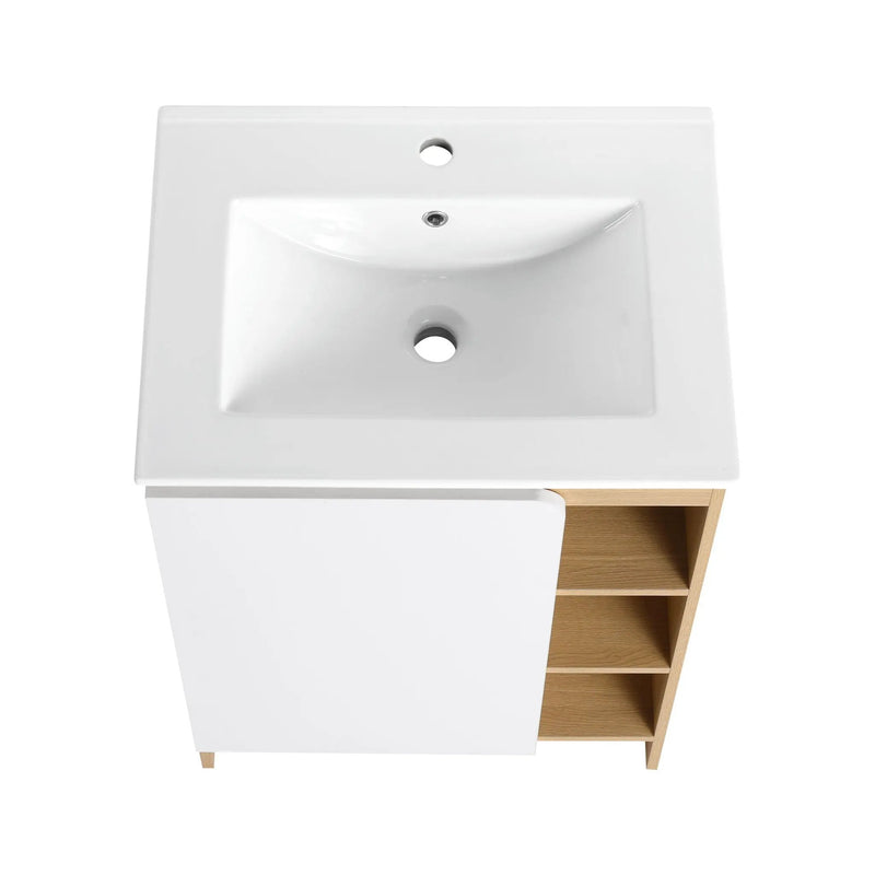Freestanding Bathroom Vanity With Thin Rim Sink, Single Door With 4 Tier Open Shelves - Light Oak / White by HouseOfZazla