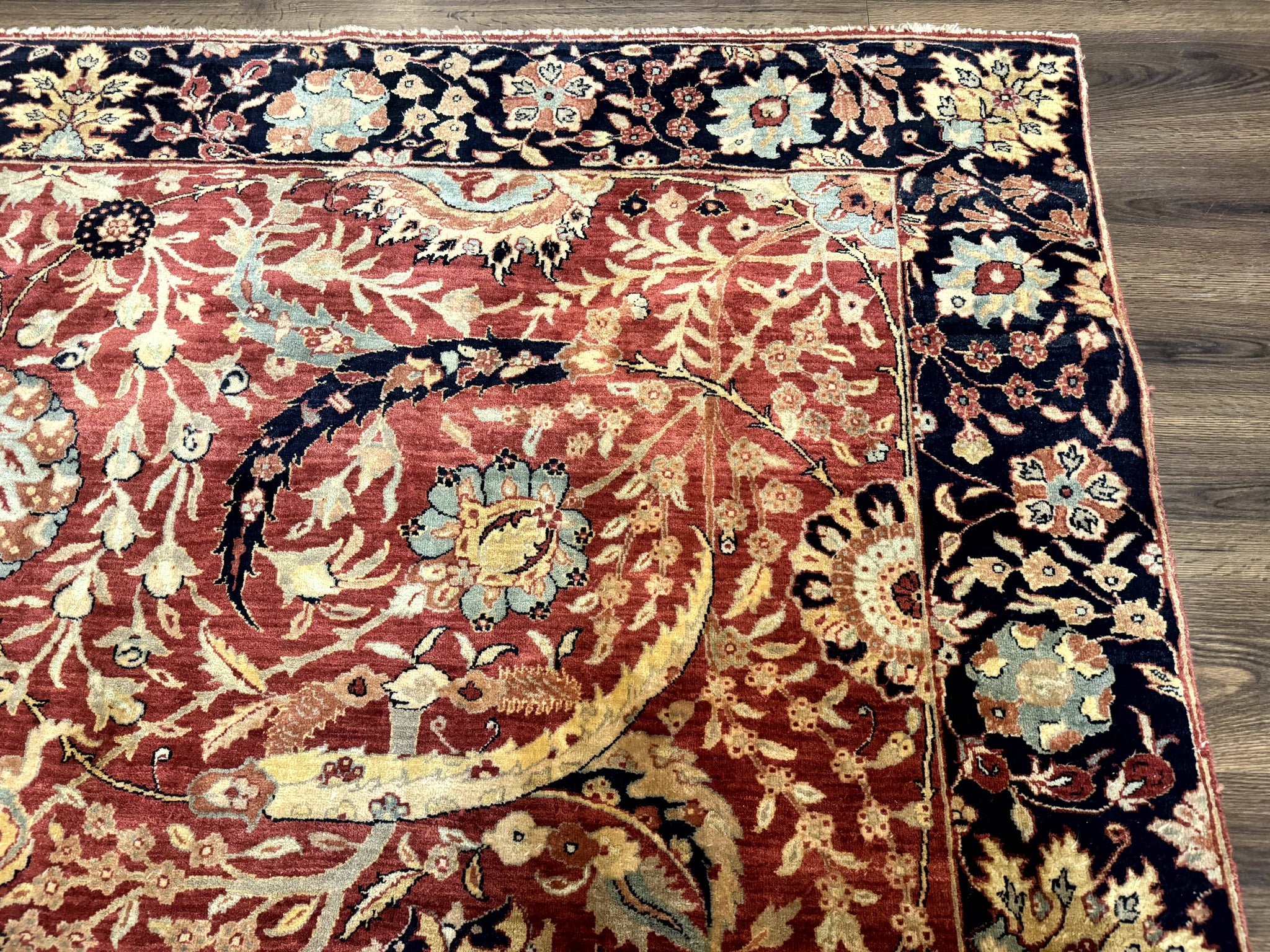 Indian Agra Rug 9x11, Terracotta and Navy Blue, Sickle Leaf Rug by Jewel Rugs