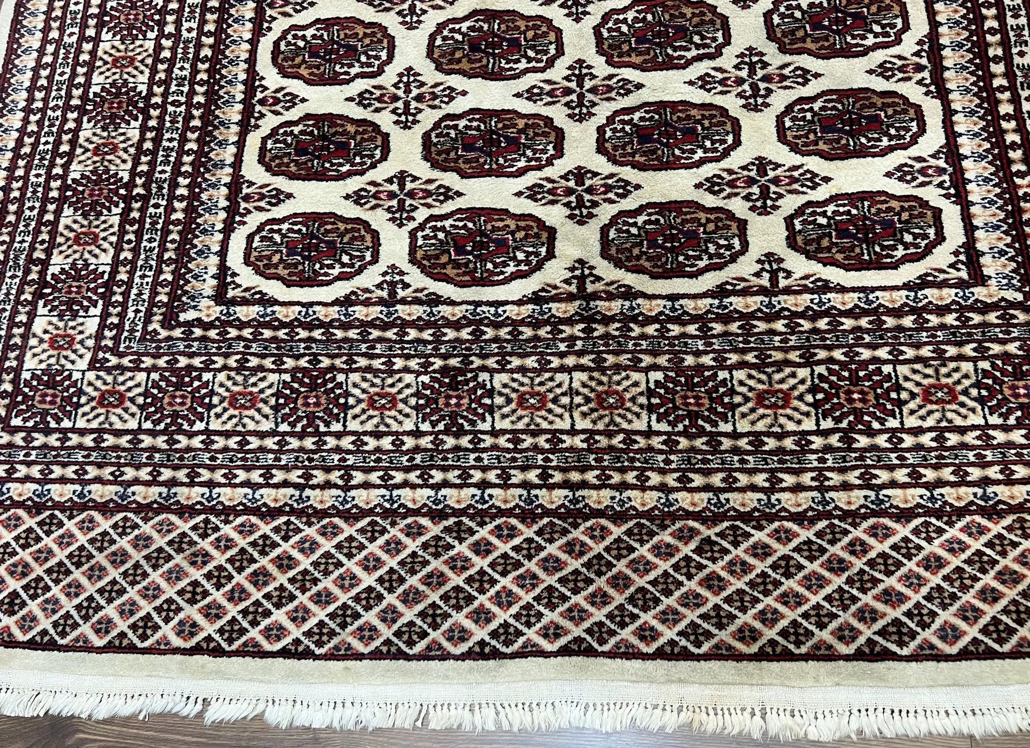 Pakistani Turkoman Rug 6x9, Cream and Red Hand Knotted Wool Oriental Carpet, Yamud Rug, Tribal Rug 6 x 9, Bohemian Area Rug, Bokhara Rug by Jewel Rugs