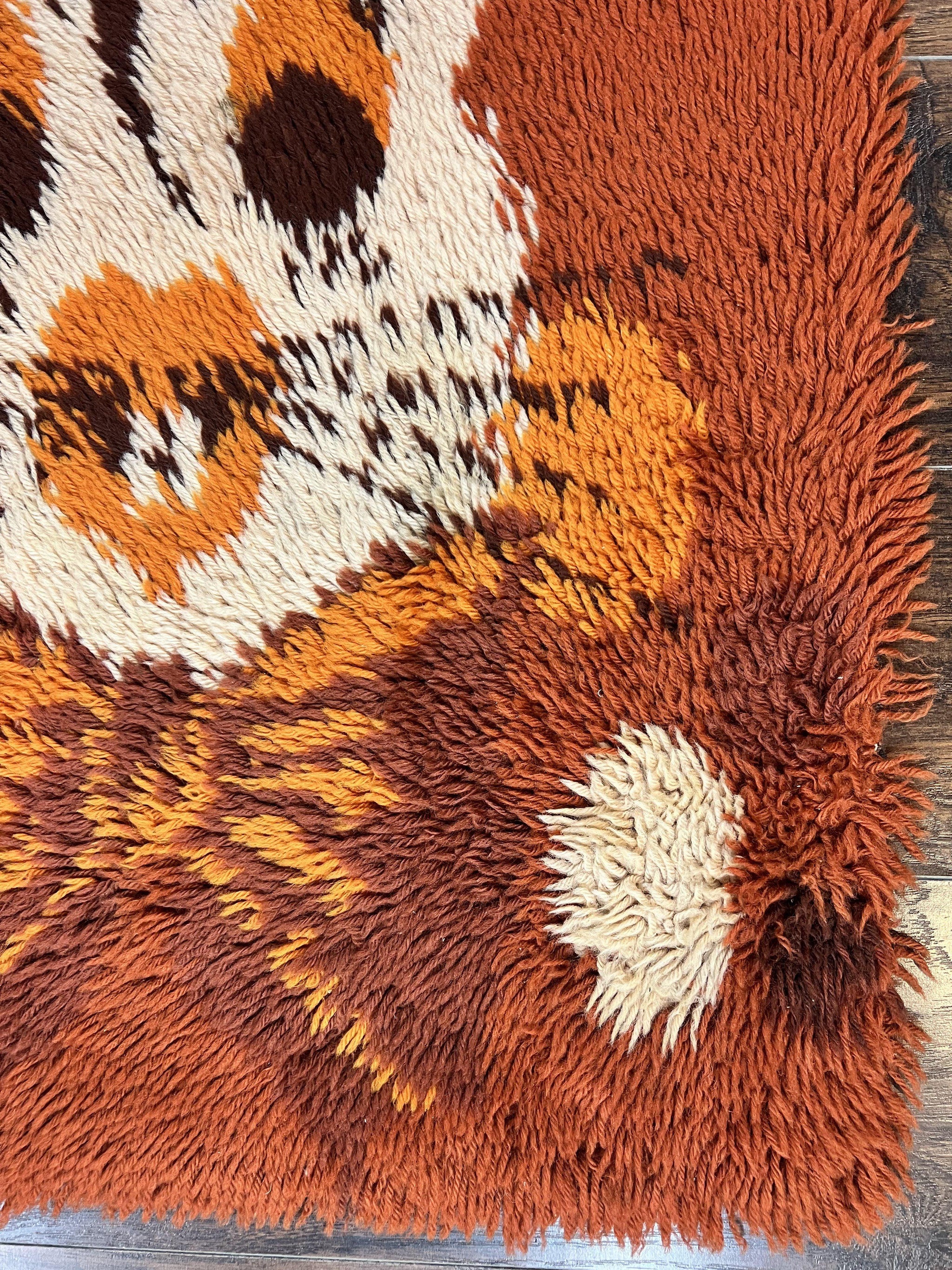 Rya Shag Rug 2x4, Rabbit in Top Hat, Wool, Orange, Vintage 1960s Danish Shag Rug by Jewel Rugs