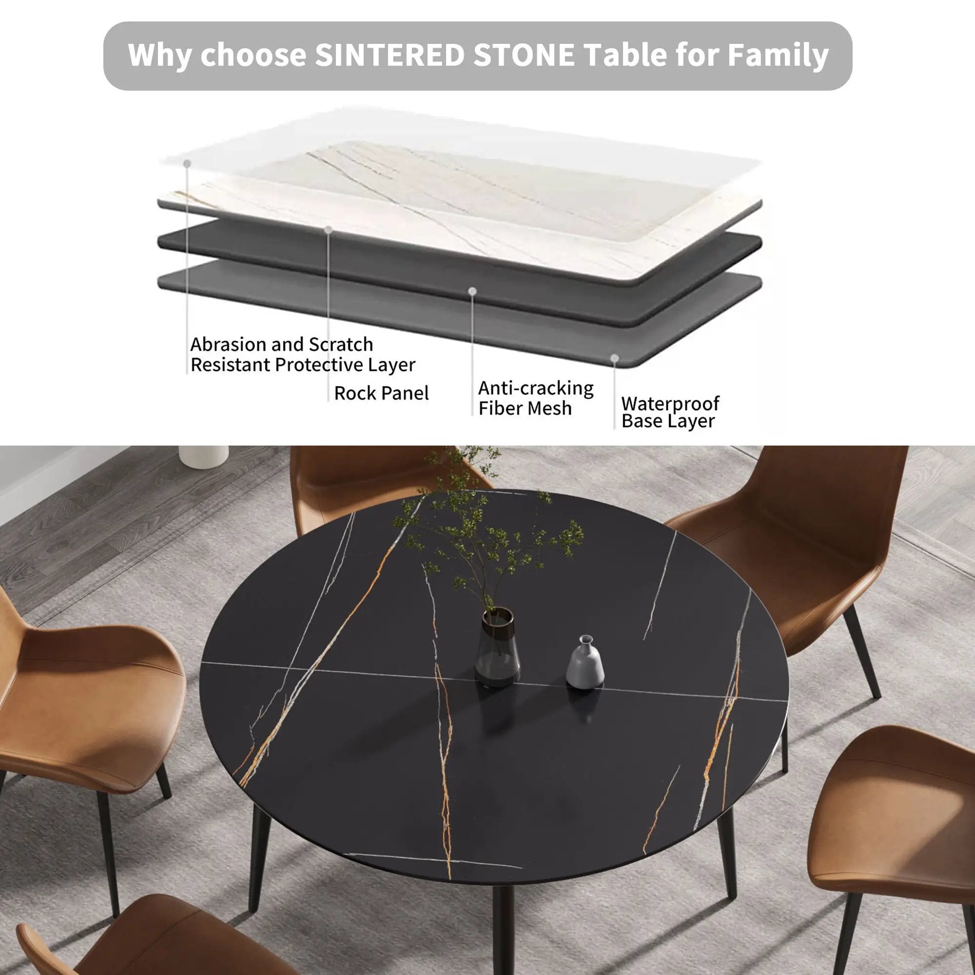 Modern Artificial Stone Round Dining Table With Metal Legs, Can Accommodate 6 People - Black by HouseOfZazla