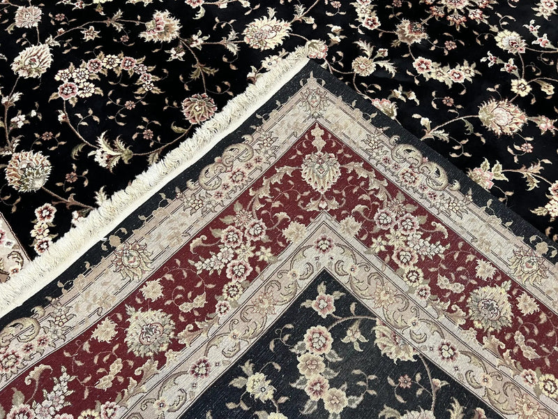 Sino Persian Rug 9x12, High Quality Oriental Carpet, Black and Maroon, Wool and Silk, Allover Floral Pattern, Hand Knotted, Vintage Rug Nice by Jewel Rugs