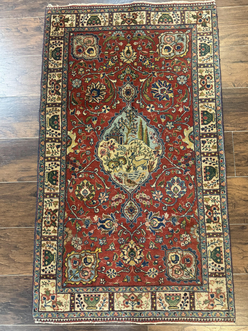 Small Persian Tabriz Rug 2.8 x 4.7, Red, Animal Pictorials, Semi Antique Vintage by Jewel Rugs