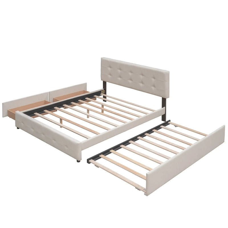 Upholstered Platform Bed with 2 Drawers and 1 Twin XL Trundle, Linen Fabric, Queen Size - Dark Beige(OLD SKU :LP100314AAA) by HouseOfZazla