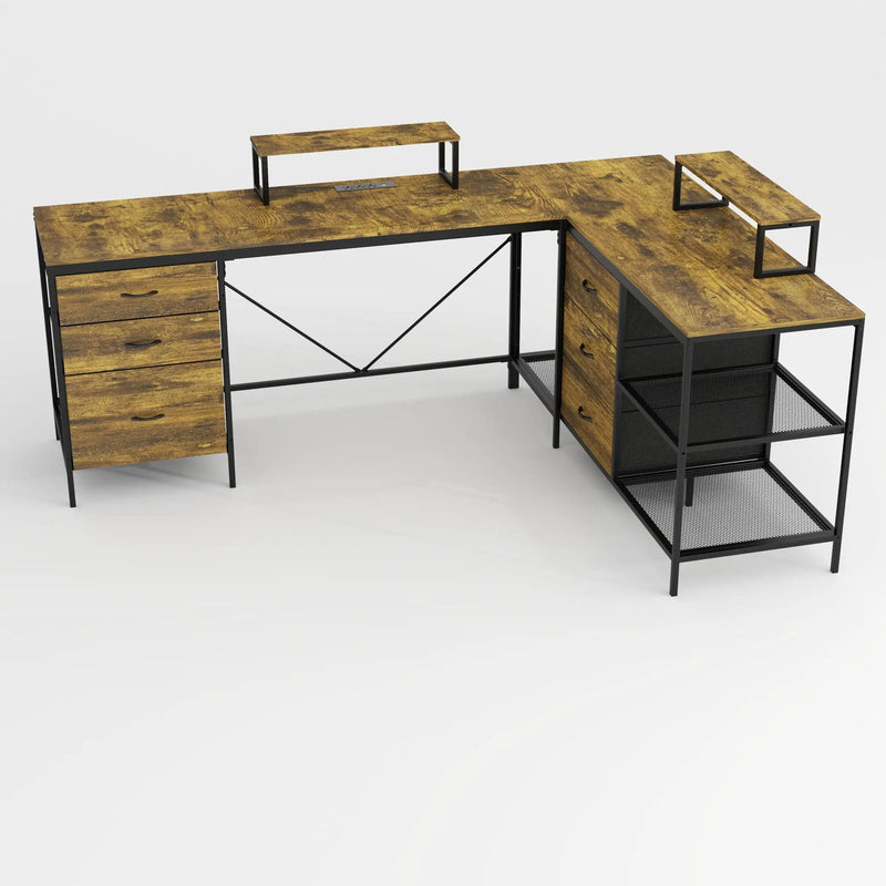 Industrial L Shaped Computer Desk With Power Outlets & USB-C, 6 Fabric Drawers, 3 Open Shelves, Movable Monitor Stands - Brown by HouseOfZazla