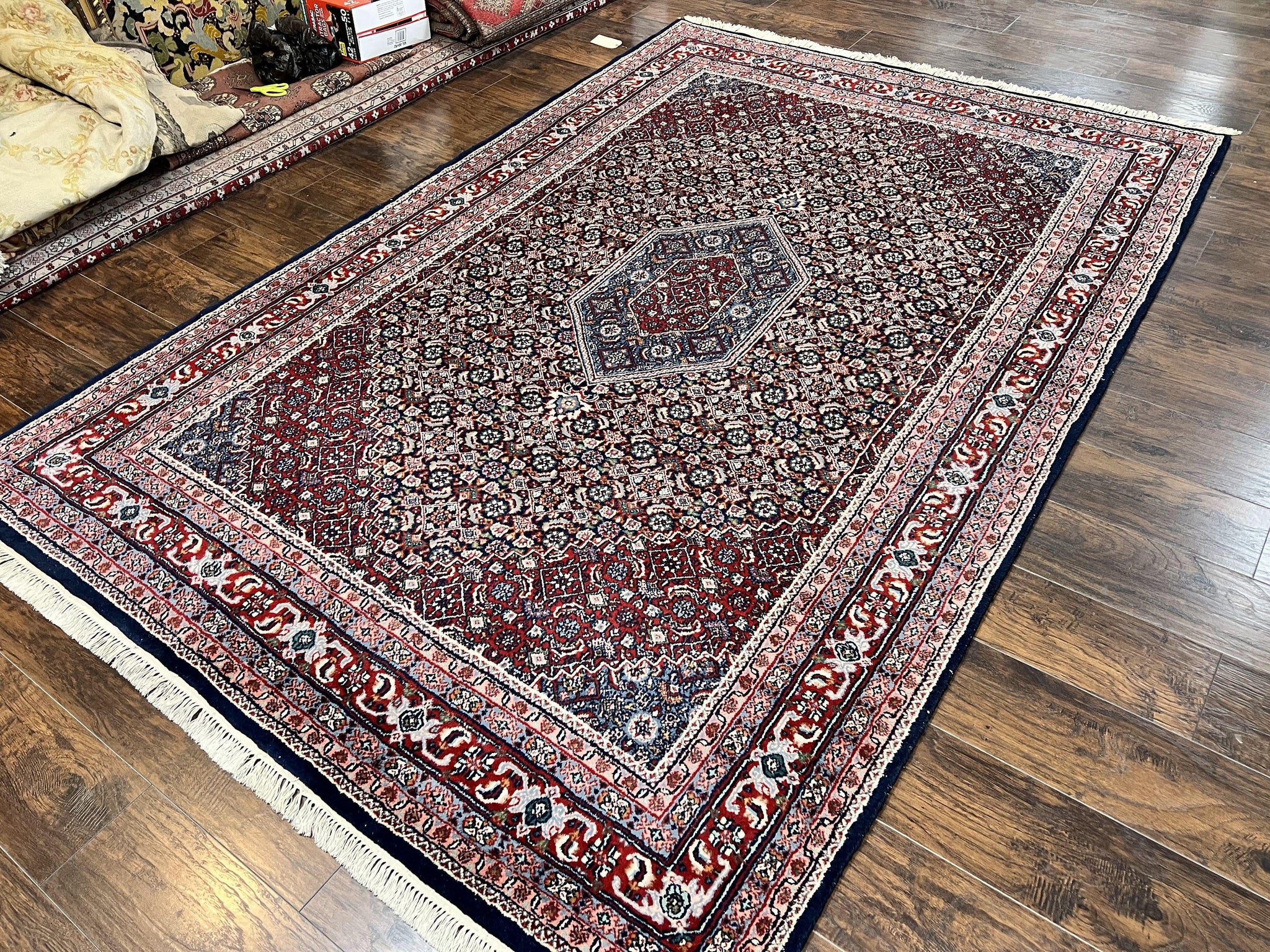 Indo Persian Rug 7x10, Dark Blue and Red Hand Knotted Wool Vintage Oriental Carpet 7 x 10 ft, Handmade Bidjar Rug, Herati Pattern Indian Rug by Jewel Rugs