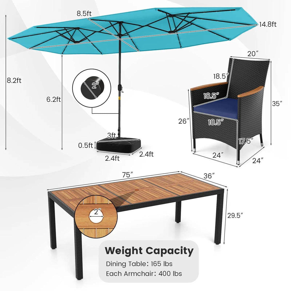 11 Pieces Patio Dining Set with LED Patio Umbrella with Base and Seat Cushions (Navy), photo 32 of 54