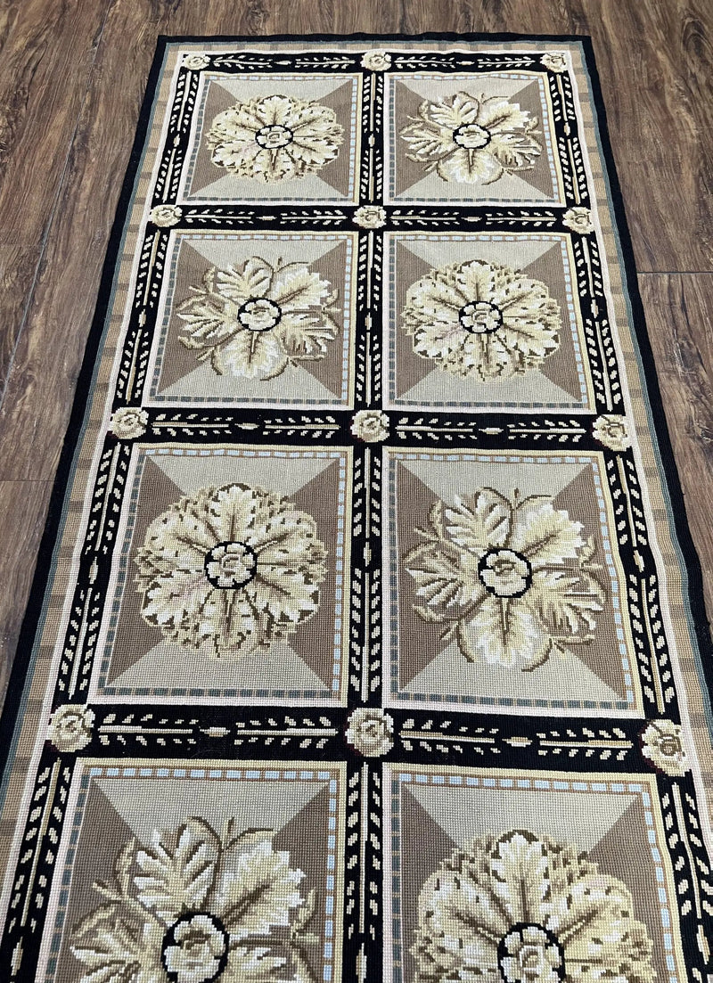 Needlepoint Runner Rug 3x8 Panel Design Rug, Flatweave Runner Rug, English Design, Floral, Short Runner Rug, Black and Beige Wool Hand-Woven by Jewel Rugs