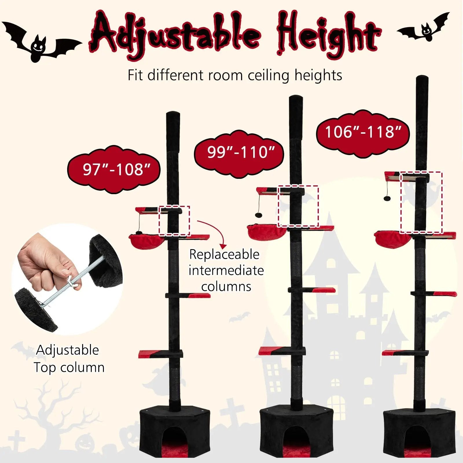 Floor to Ceiling Gothic Cat Tree 97-118 Inches Adjustable 5-Tier with Condo-Black by DirectDeals