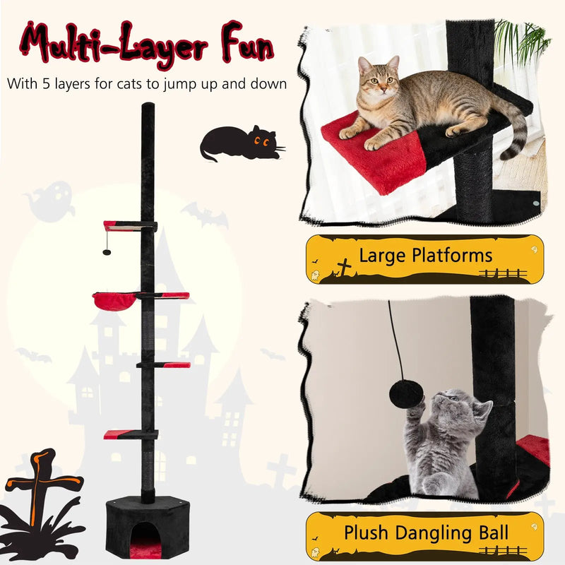 Floor to Ceiling Gothic Cat Tree 97-118 Inches Adjustable 5-Tier with Condo-Black by DirectDeals
