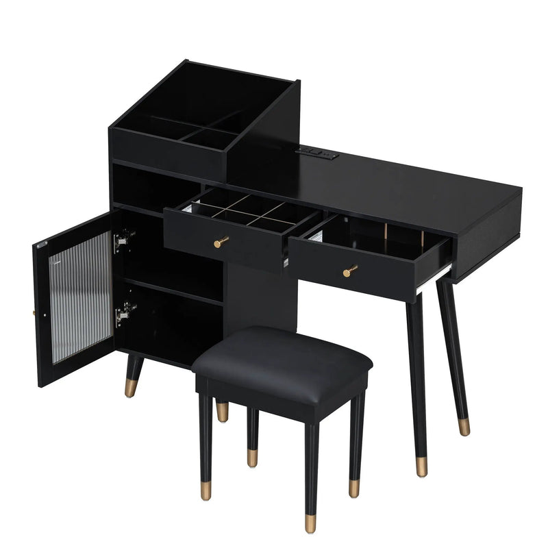 Modern Makeup Vanity Desk With Drawers Cabinet & Charging Port Engineered Wood Space Saving Design For Small Places - Black by Unique Piece Furniture