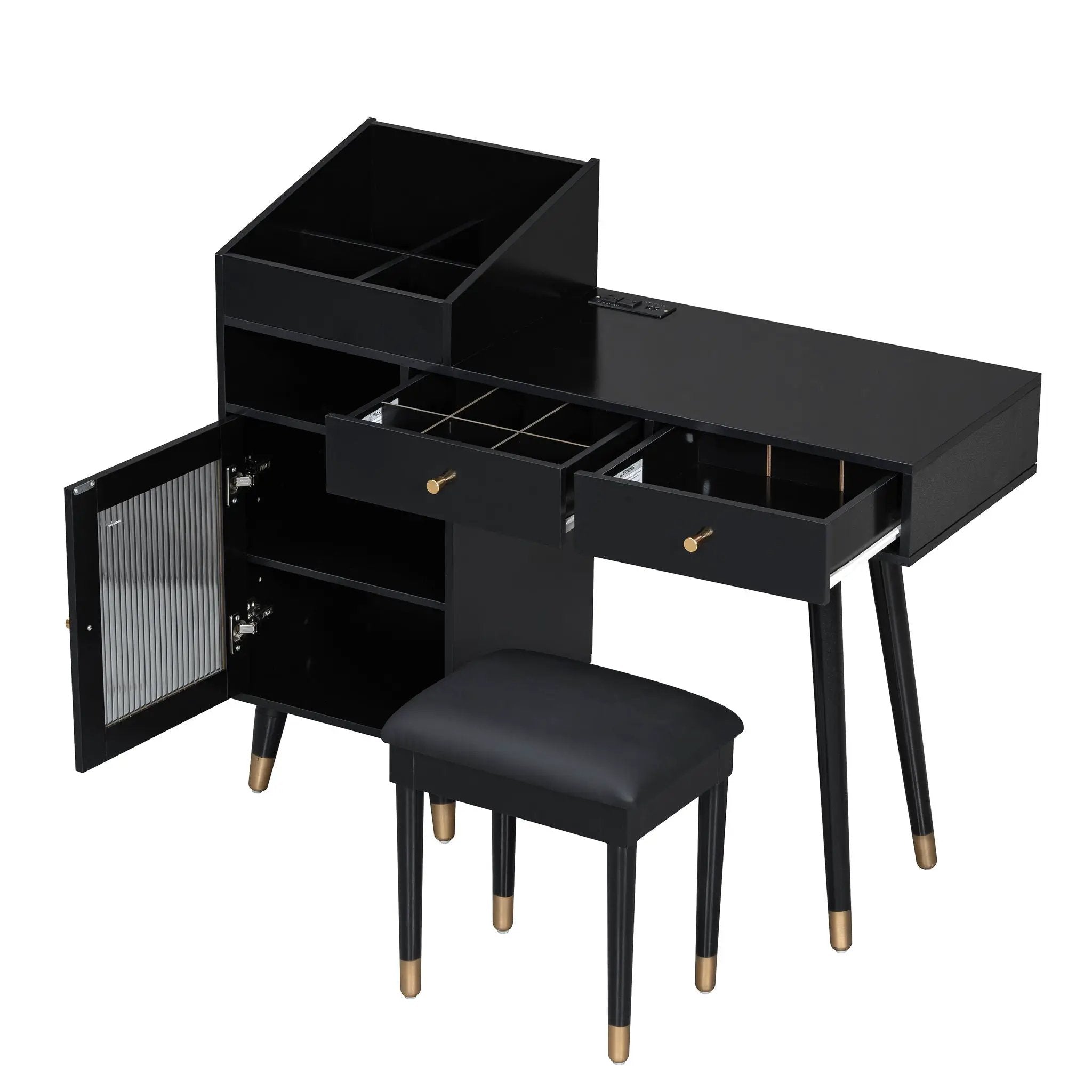 Modern Makeup Vanity Desk With Drawers Cabinet & Charging Port Engineered Wood Space Saving Design For Small Places - Black by HouseOfZazla