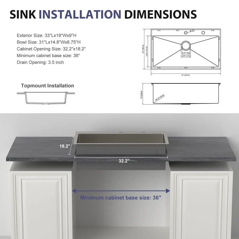 33 Inch Topmount Sink - Stainless Steel Kitchen Sink by HouseOfZazla