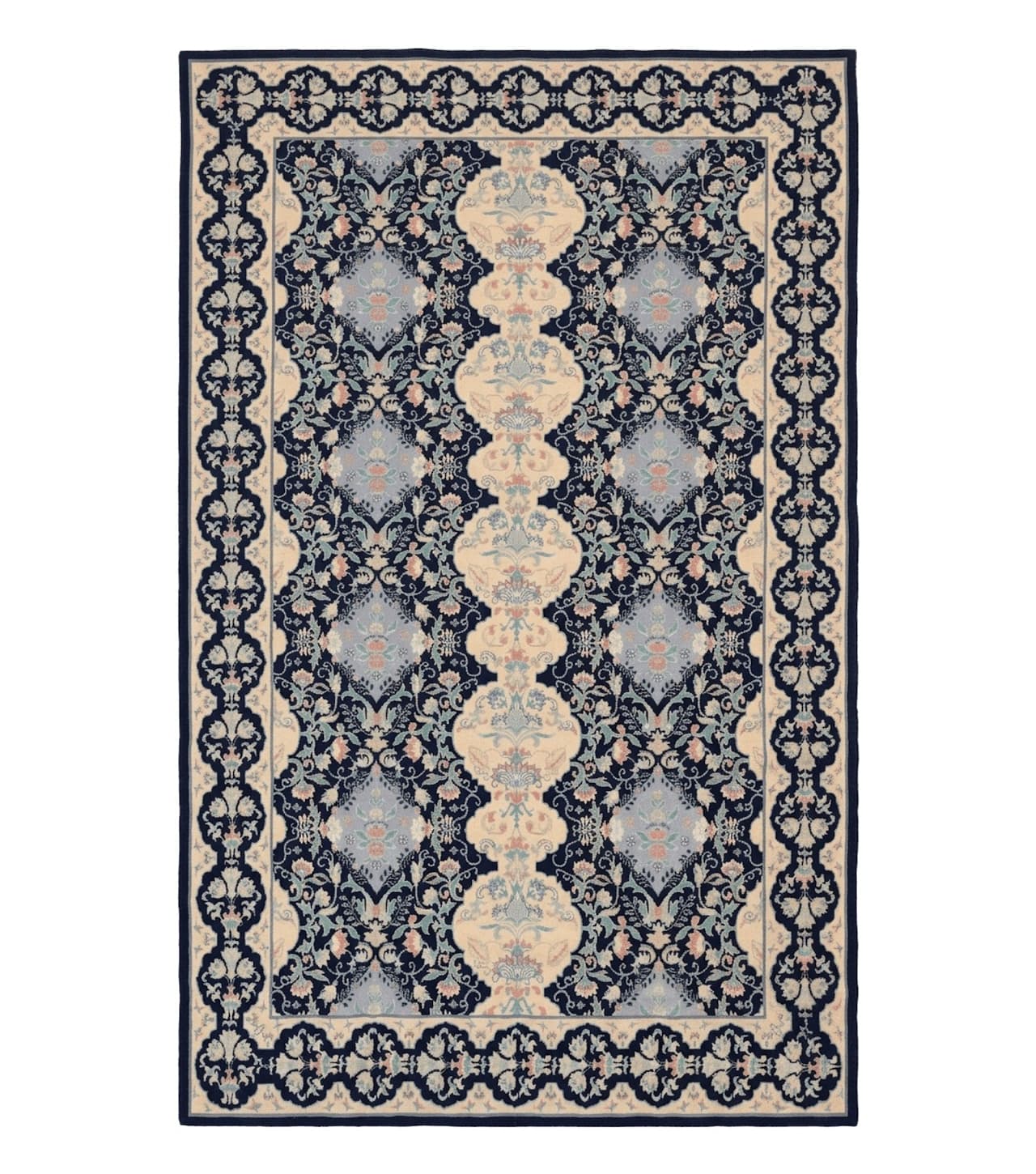 Needlepoint Rug 6x9, Ivory and Navy Blue by Jewel Rugs
