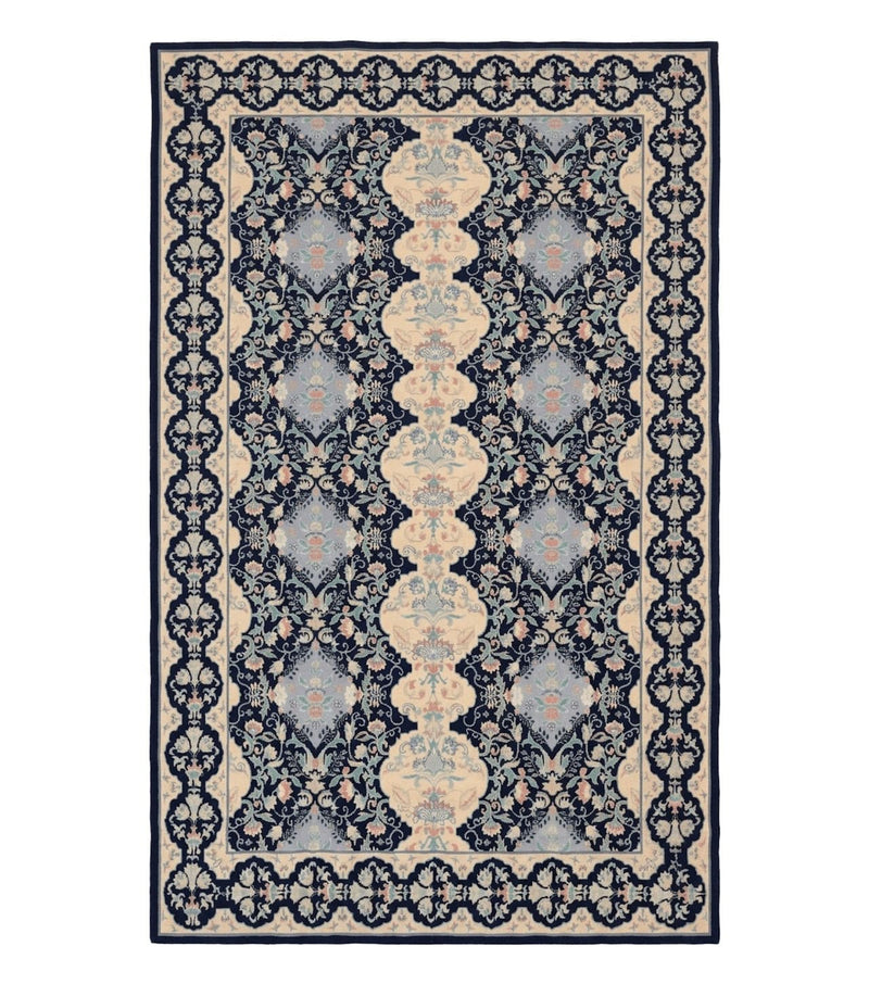 Needlepoint Rug 6x9, Ivory and Navy Blue by Jewel Rugs