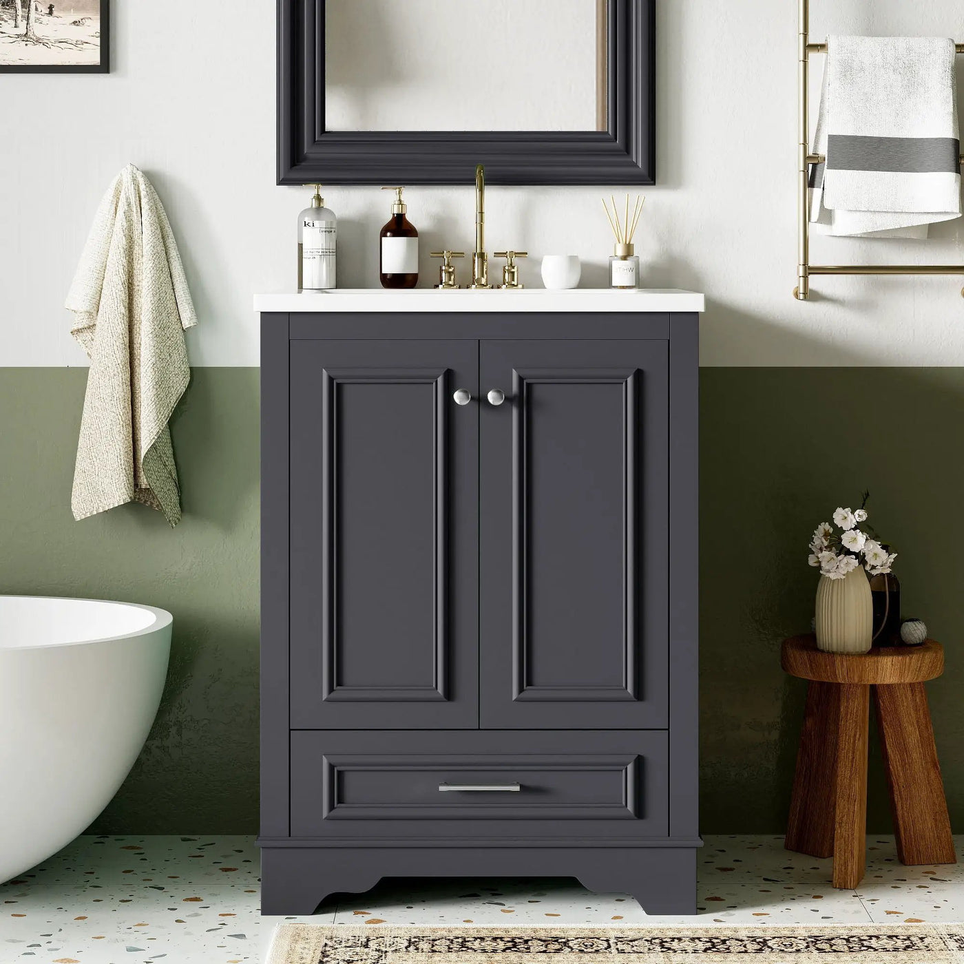 Bathroom Vanity With Ceramic Sink Combo, Modern Freestanding Storage Cabinet With Silver Handles by Unique Piece Furniture