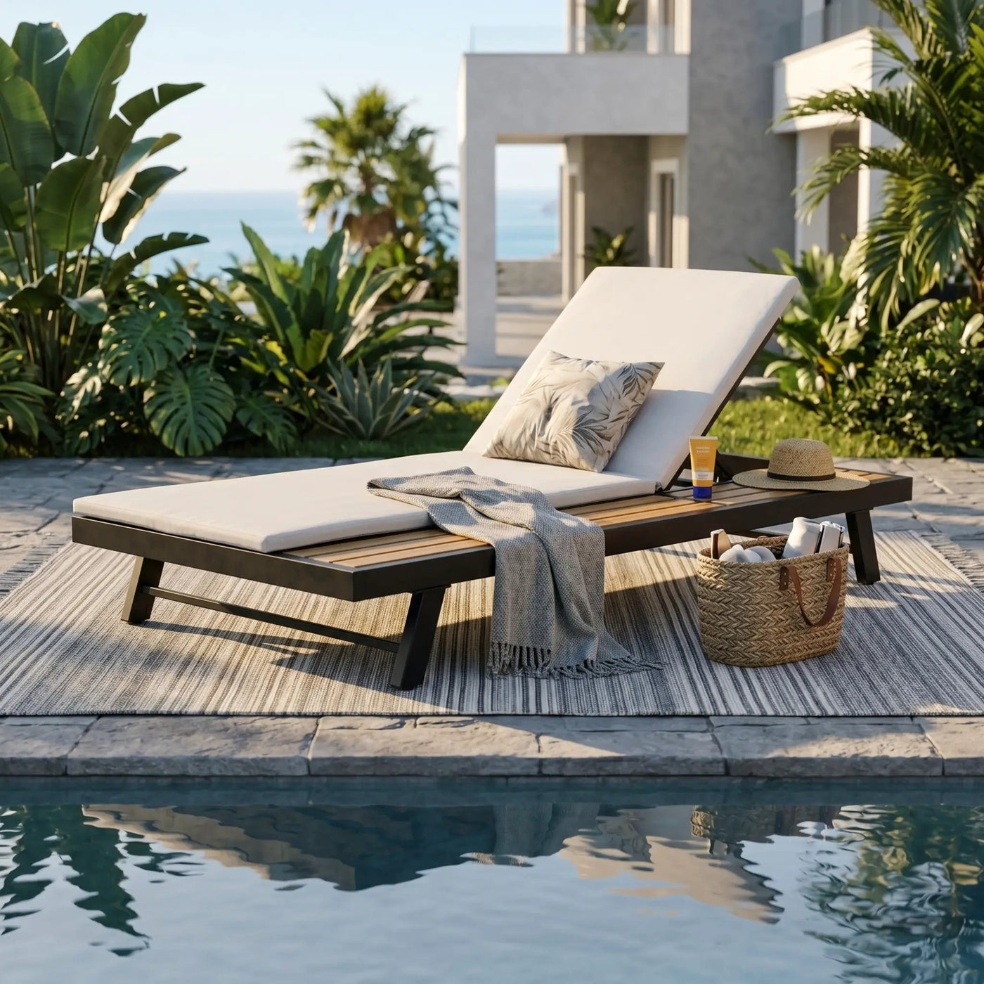 Black Iron and Teak Finish Outdoor Chaise Lounge Set by HouseOfZazla