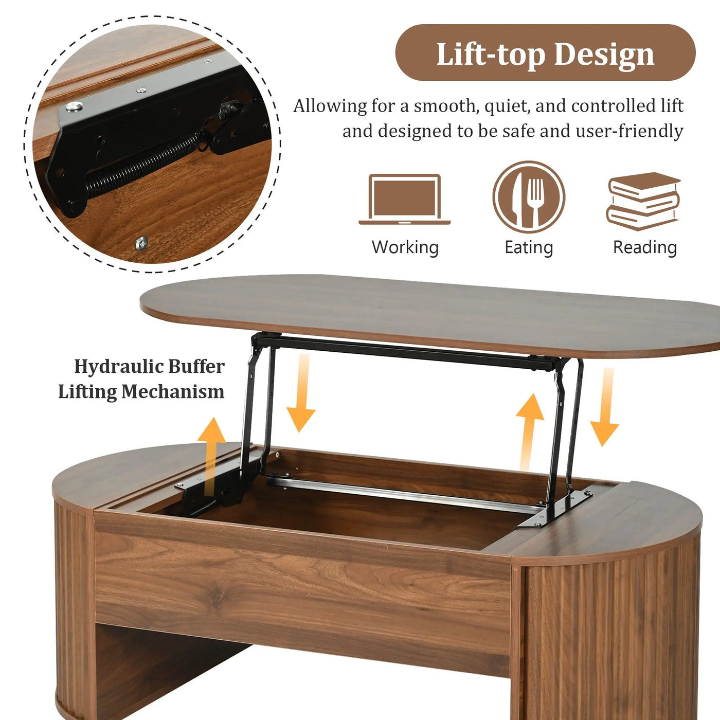 Lift Top Coffee Table With Hidden Compartment, Modern Oval Lift Tabletop For Home Living Room by Unique Piece Furniture