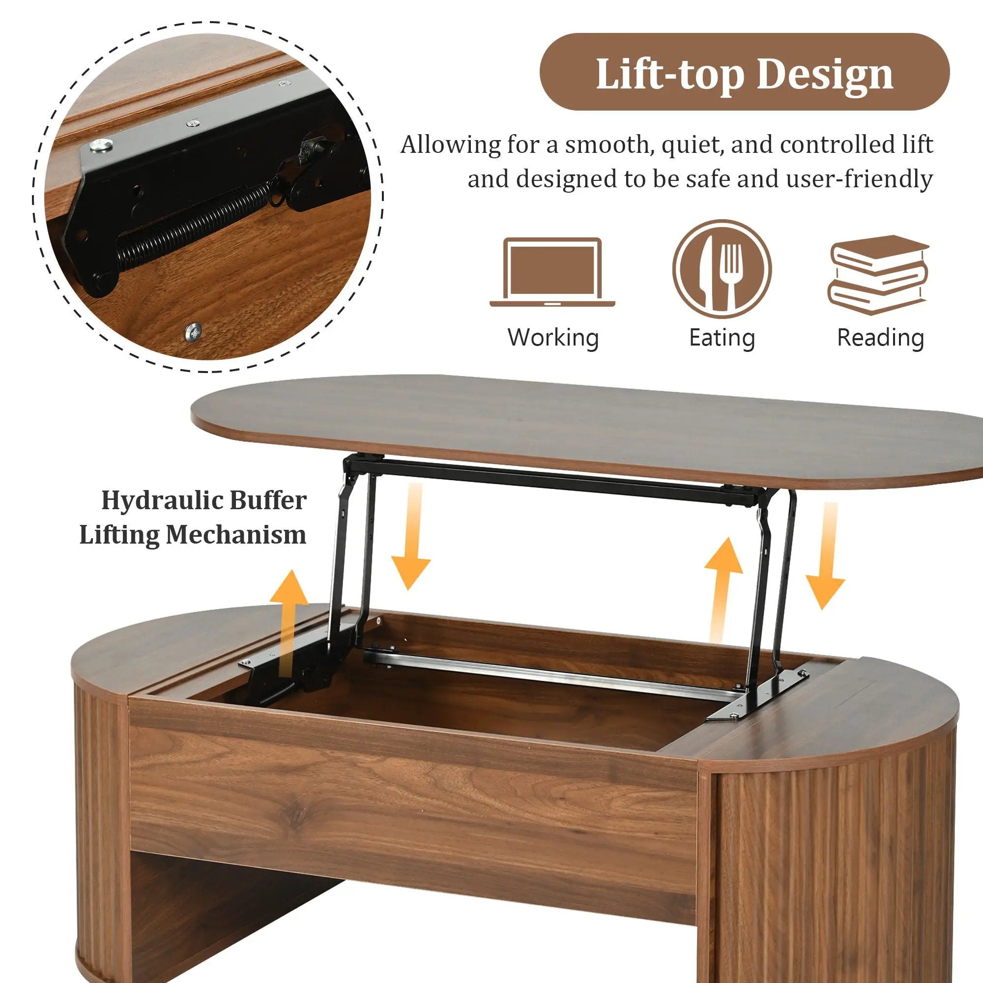 Lift Top Coffee Table With Hidden Compartment, Modern Oval Lift Tabletop For Home Living Room by Unique Piece Furniture