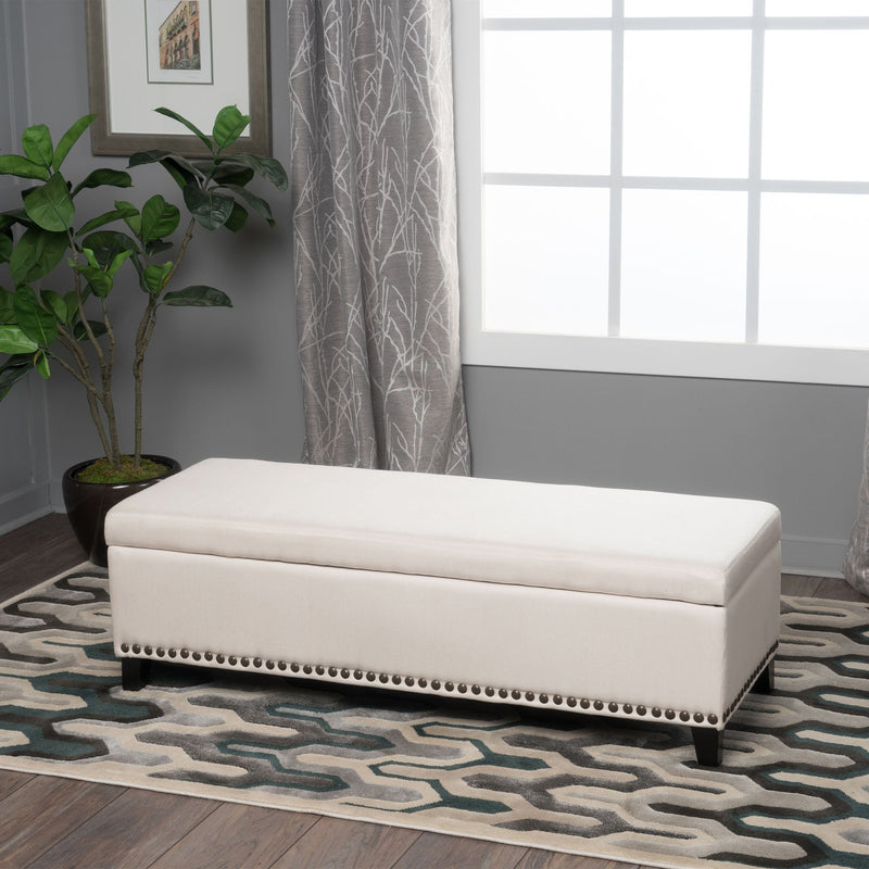 Upholstered Storage Ottoman With Nailhead Trim - Beige by HouseOfZazla