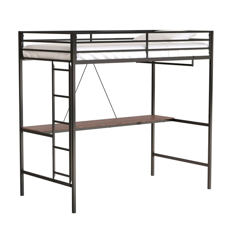 Adam - Twin Loft Bunk Bed With Cinnamon Wood Desk And Closet Rod - Black by HouseOfZazla