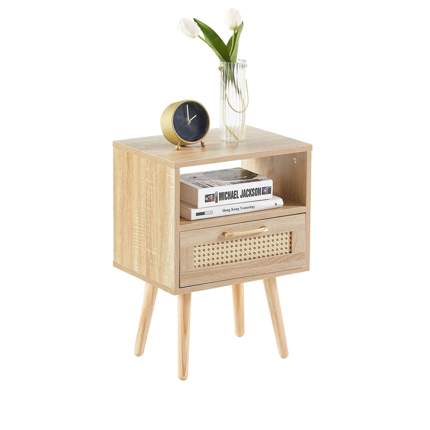 15.75" Rattan End Table With Drawer And Solid Wood Legs, Modern Nightstand, Side Table For Living Room, Bedroom by HouseOfZazla