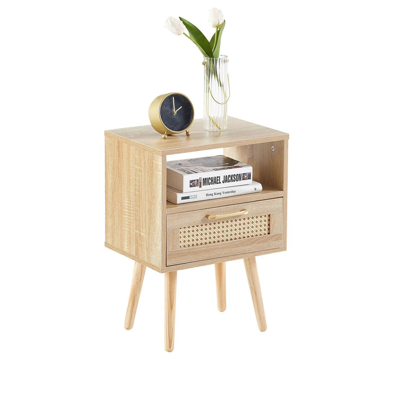 15.75" Rattan End Table With Drawer And Solid Wood Legs, Modern Nightstand, Side Table For Living Room, Bedroom by HouseOfZazla