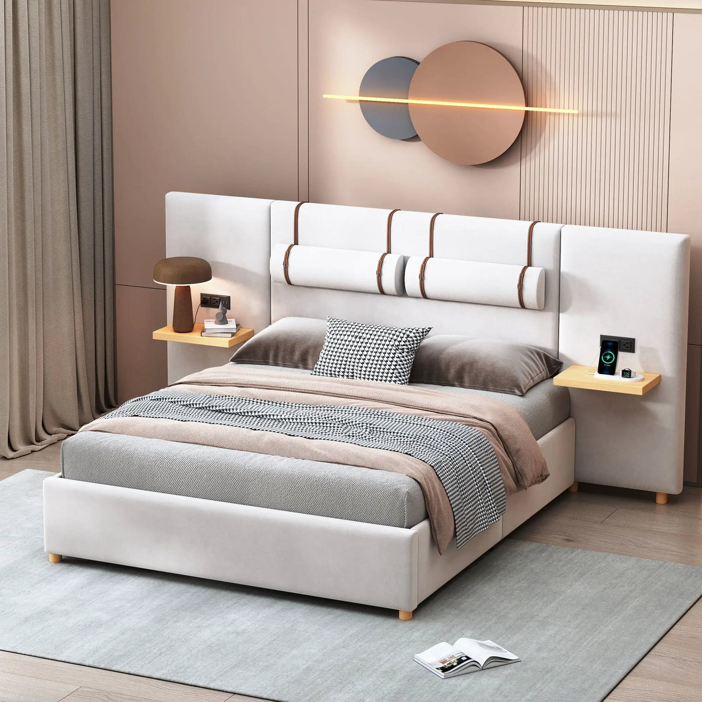 Upholstered Platform Bed, 2 Outlets And USB Charging Ports On Both Sides, 2 Bedside Pillows, Storage Shelves by Unique Piece Furniture