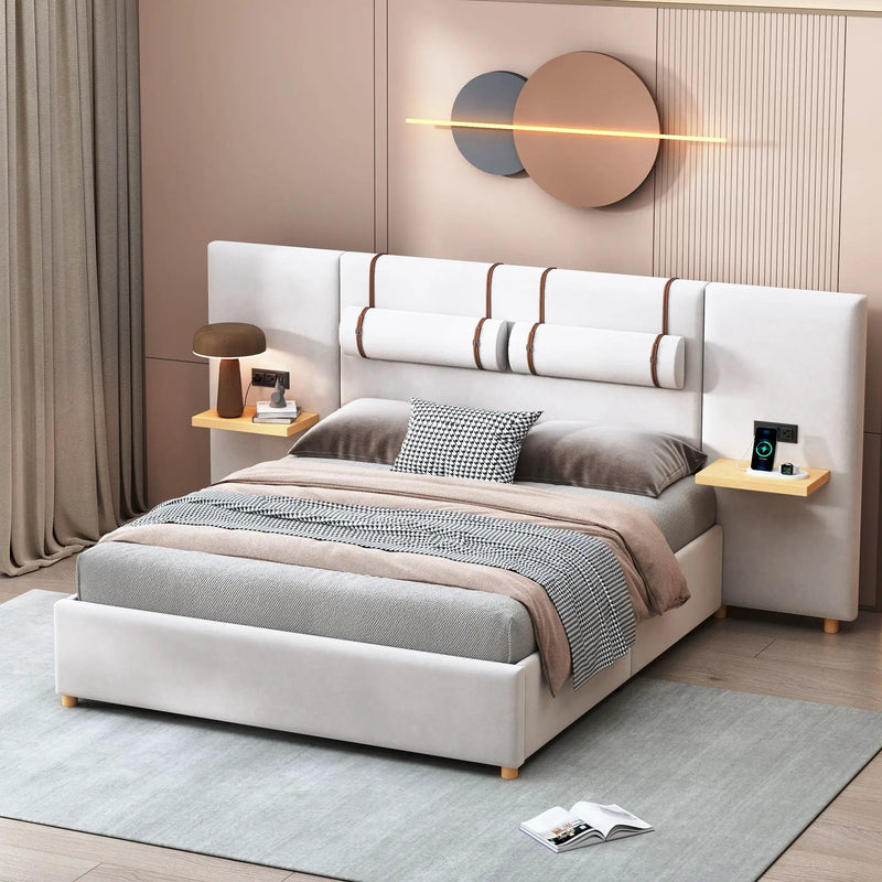 Upholstered Platform Bed, 2 Outlets And USB Charging Ports On Both Sides, 2 Bedside Pillows, Storage Shelves by HouseOfZazla