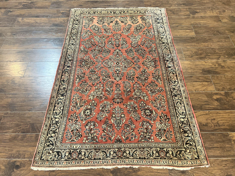 Antique Persian Sarouk Rug 4x7, Hand Knotted Wool Red Persian Carpet, Floral, Fine 300 KPSI by Jewel Rugs
